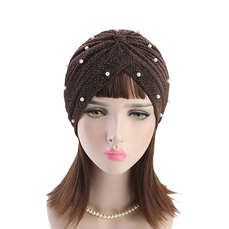 Мусульманский женский Эластичный Тюрбан с имитацией жемчуга и оборками шапка