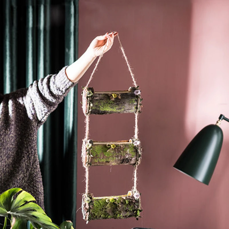 03 Household Wall Hanging Flower Pot Natural Bark Flower Pot Handmade Hemp Rope Bow Vertical Flower Pot Creative Wall Decoration - Цвет: 03
