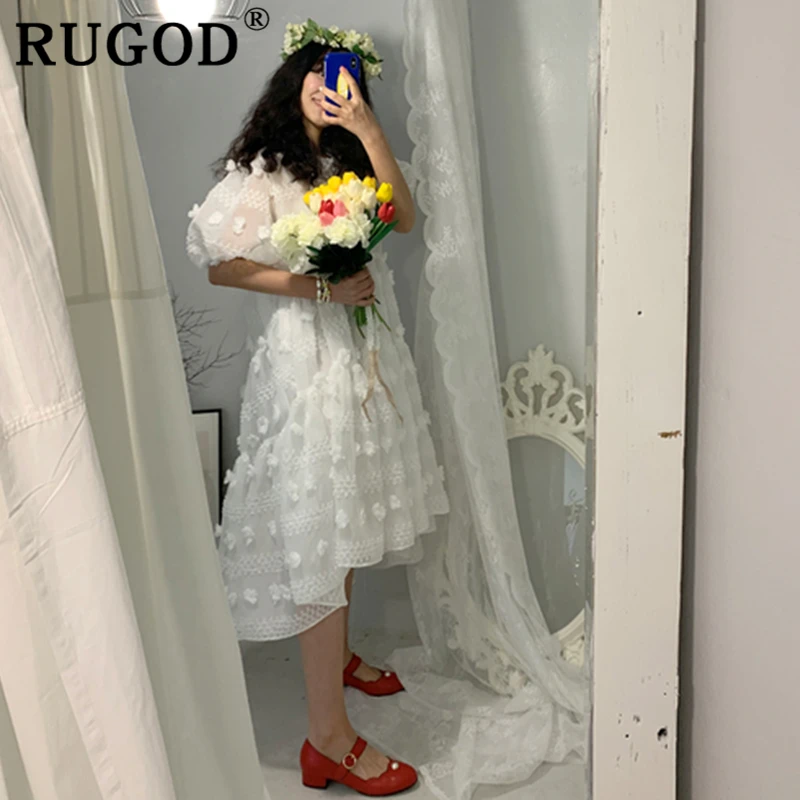 Женское шифоновое платье RUGOD белое Свободное с рукавами-фонариками в Корейском