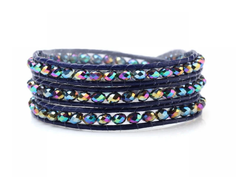 Красивый кожаный браслет 4 мм с кристаллами и бусинами|wrap bracelet|bracelet braceletwrap leather