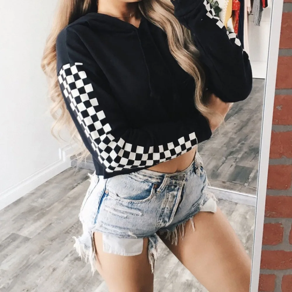 Womens Girls Short Sweatshirt Plaid Cropped Tops Pullover Hoodies Drawstring New | Женская одежда