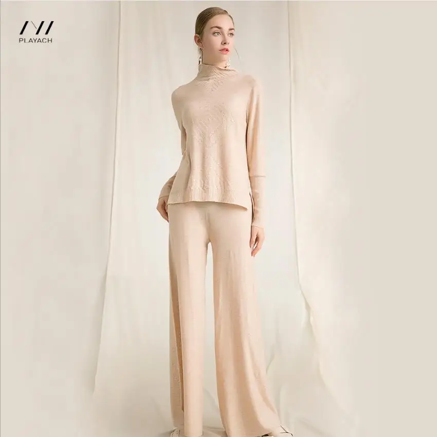 

Осенне-зимние теплые вязаные шерстяные костюмы из тонкой мягкой ткани, шерстяной свитер + норковые кашемировые штаны для отдыха, комплект из двух предметов wq467