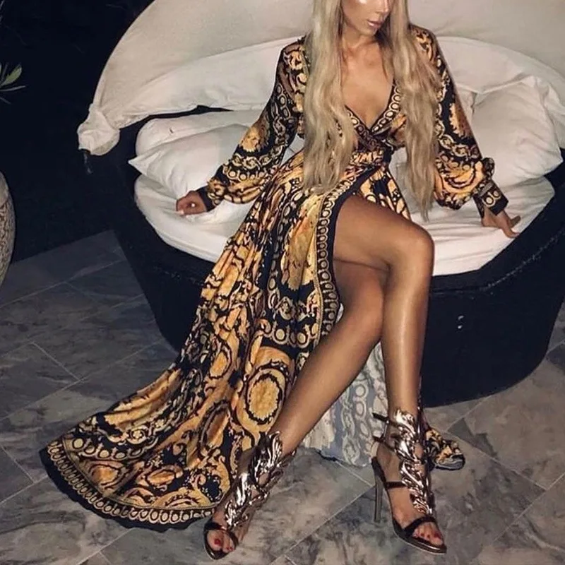 Специальное сексуальное платье с глубоким v-образным вырезом и принтом вечернее