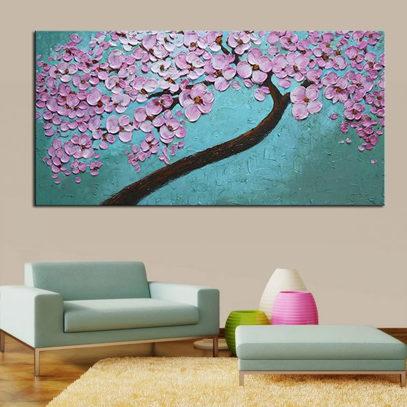 

Heavy Textured Palette Knife Canvas Wall Art Cherry Tree Picture Hand Painted Modern Abstract Flower Decoration Oil Paintings