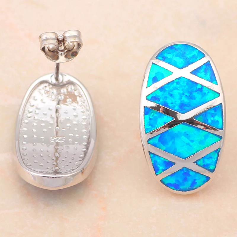 Женские серьги пусеты OE324 с синим огненным опалом серебристыми штамп опаловые