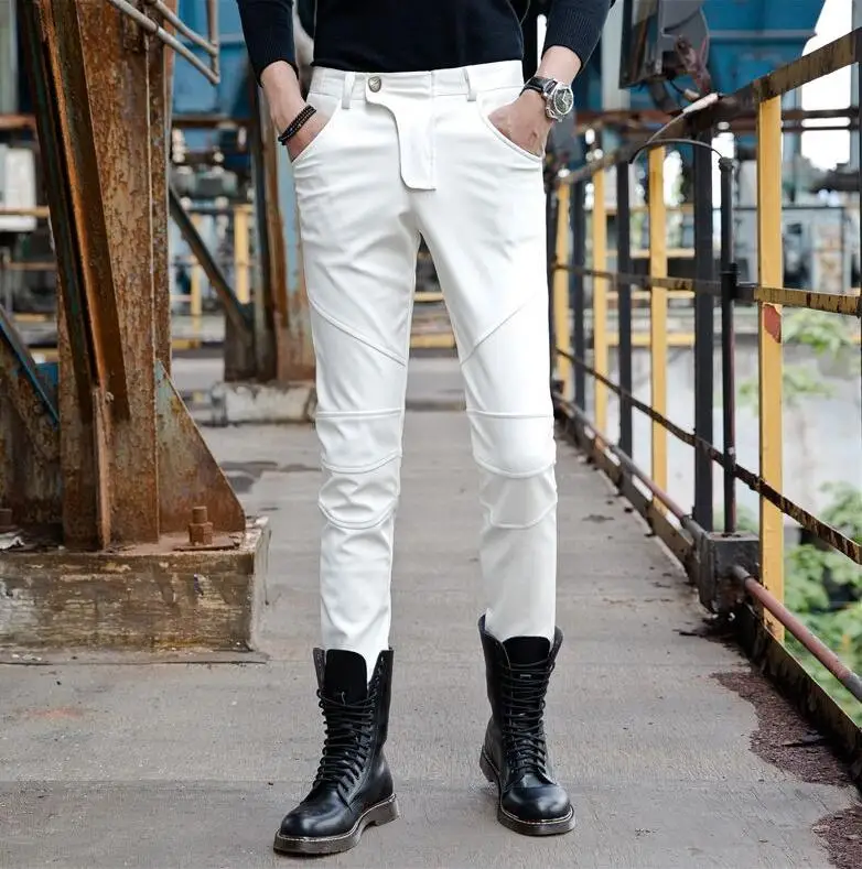 Splice white personality fashion motorcycle faux leather pants mens feet pants  velvet pu trousers for men pantalon homme