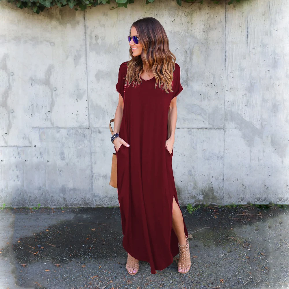 2018 Новое Женское свободное Повседневное платье с v-образным вырезом разрезом