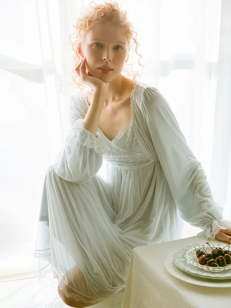 Весенне летняя Модальная газовая ночная рубашка с винтажной вышивкой женская