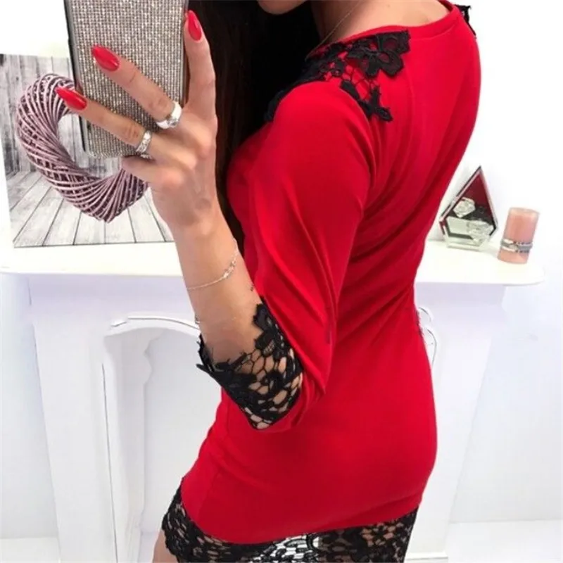 Spitze Лоскутные Sommer Kleid 3/4 Hülse Rot/Schwarz вечерние Abend Kurze Mini Weibliche сексуальный клубный