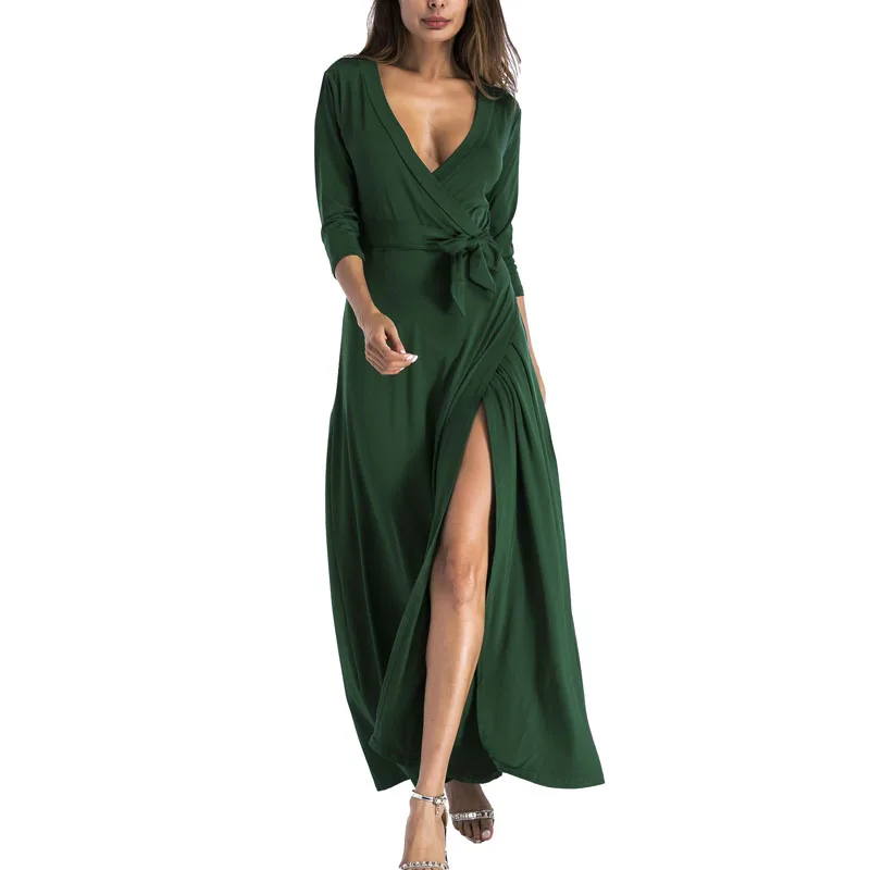 2017 High Split Maxi Dress Solid Sexy Full Sleeve Deep V-Neck Sashes Dresses vestidos | Женская одежда