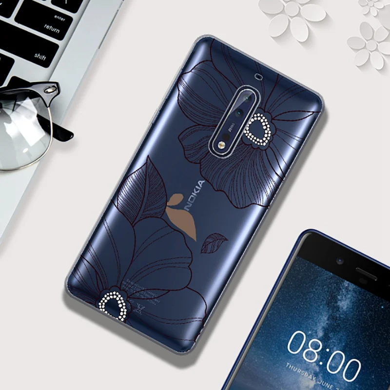 For Nokia 6 Case Silicone Soft Transparent Cover 5 Capa 3 8 TPU Black Flower Funda |