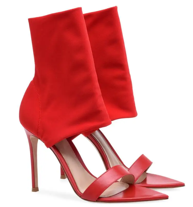 

Hot Sexy Fashion Red/Black Flock Peep Toe Shoes Thin Heels Mid-Calf Women's Sandals Big Size Women's Booots