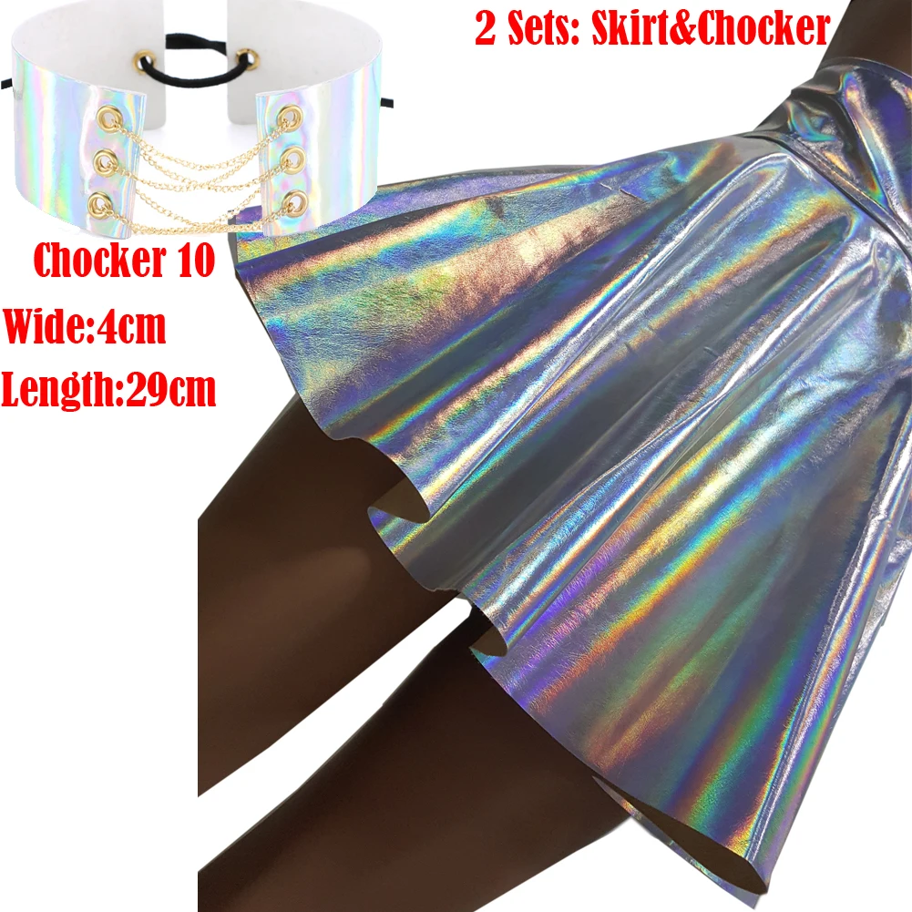 367 skirt chocker 10 Harajuku Серебряная голографическая Женская виниловая юбка голографические одежды для рейва фестиваля наряды лазерная голограмма фольга ткань юбка для скейтера - Цвет: 367 skirt chocker 10