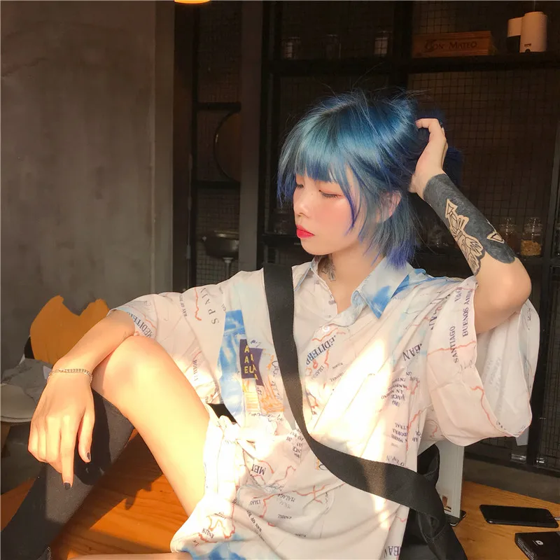 Новинка, Harajuku Bf, Корейская женская рубашка с принтом, свободная, половина рукава, отложной воротник, топ, блузка, Повседневная Уличная одежда, женские рубашки