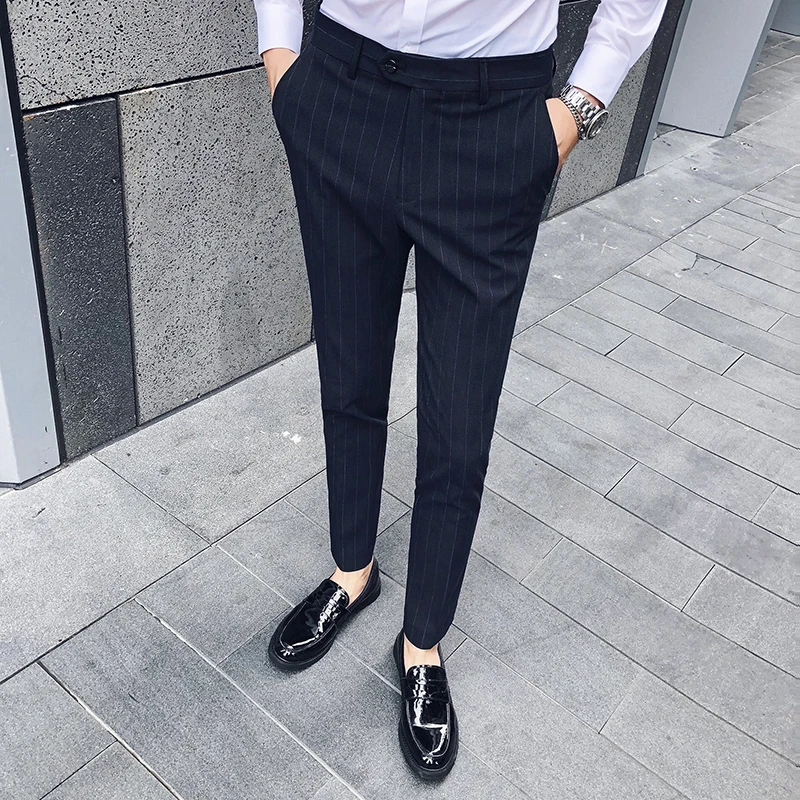 navy blue Черные, серые, 5 цветов, мужские формальные брюки, новое платье, брюки, облегающие, панталоны, костюм Homme, облегающие, в полоску, мужские брюки - Цвет: navy blue
