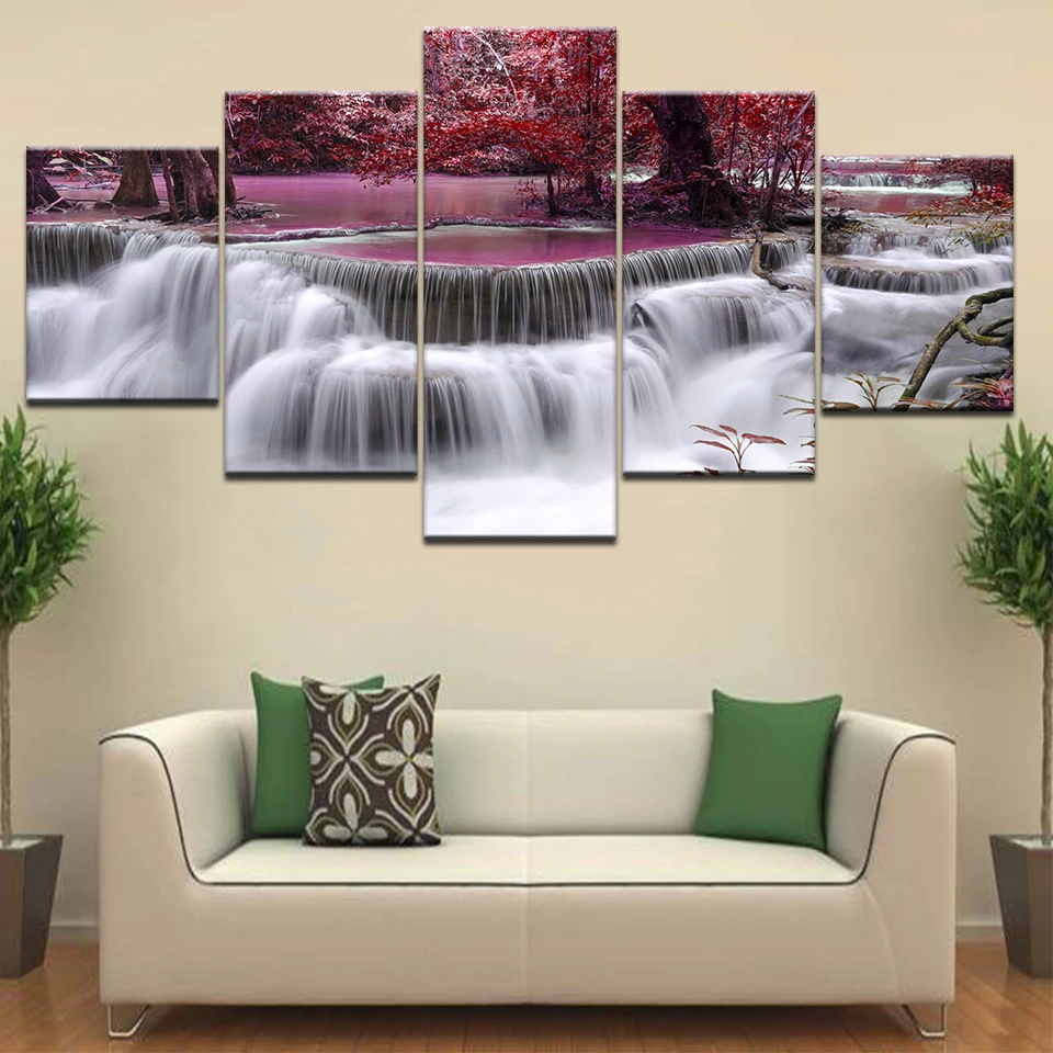 

Purple trees purple waterfall 5 Panel/piece HD Print modern wall posters Canvas Art Painting For home living room decoration