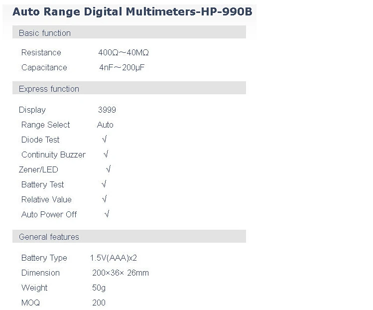 HP-990B SMD мультиметр диод Емкость Сопротивление Пинцет метр Авто Диапазон метр резистор конденсатор Непрерывность тестер батареи