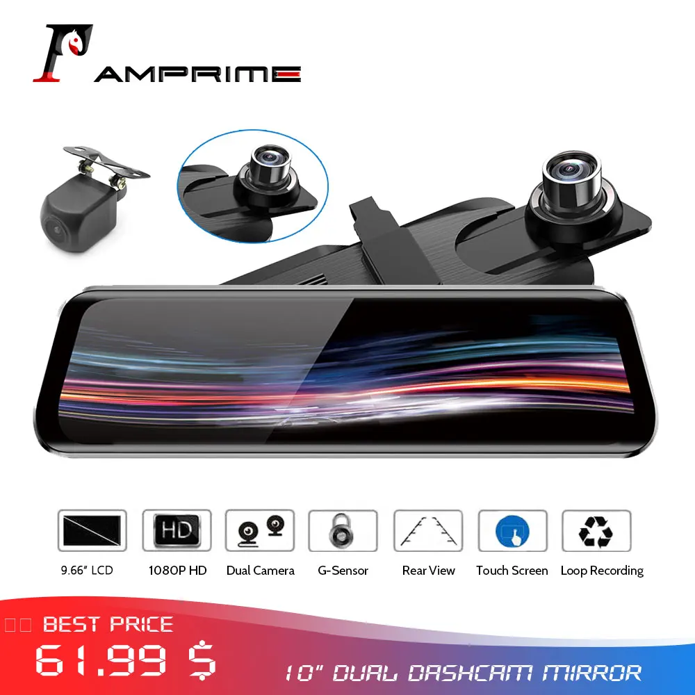 Автомобильный видеорегистратор AMPrime 1" с двумя объективами, видеорегистратор с зеркалом заднего вида, Автомобильный видеорегистратор ADAS ips с сенсорным экраном FHD WDR, видеорегистратор
