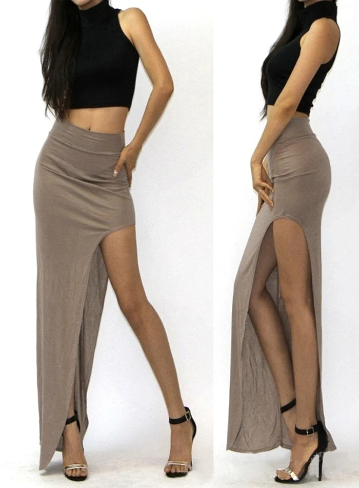 Женская длинная юбка с разрезом сбоку цвета хаки/черный|long maxi skirt|fashion long skirtfashion