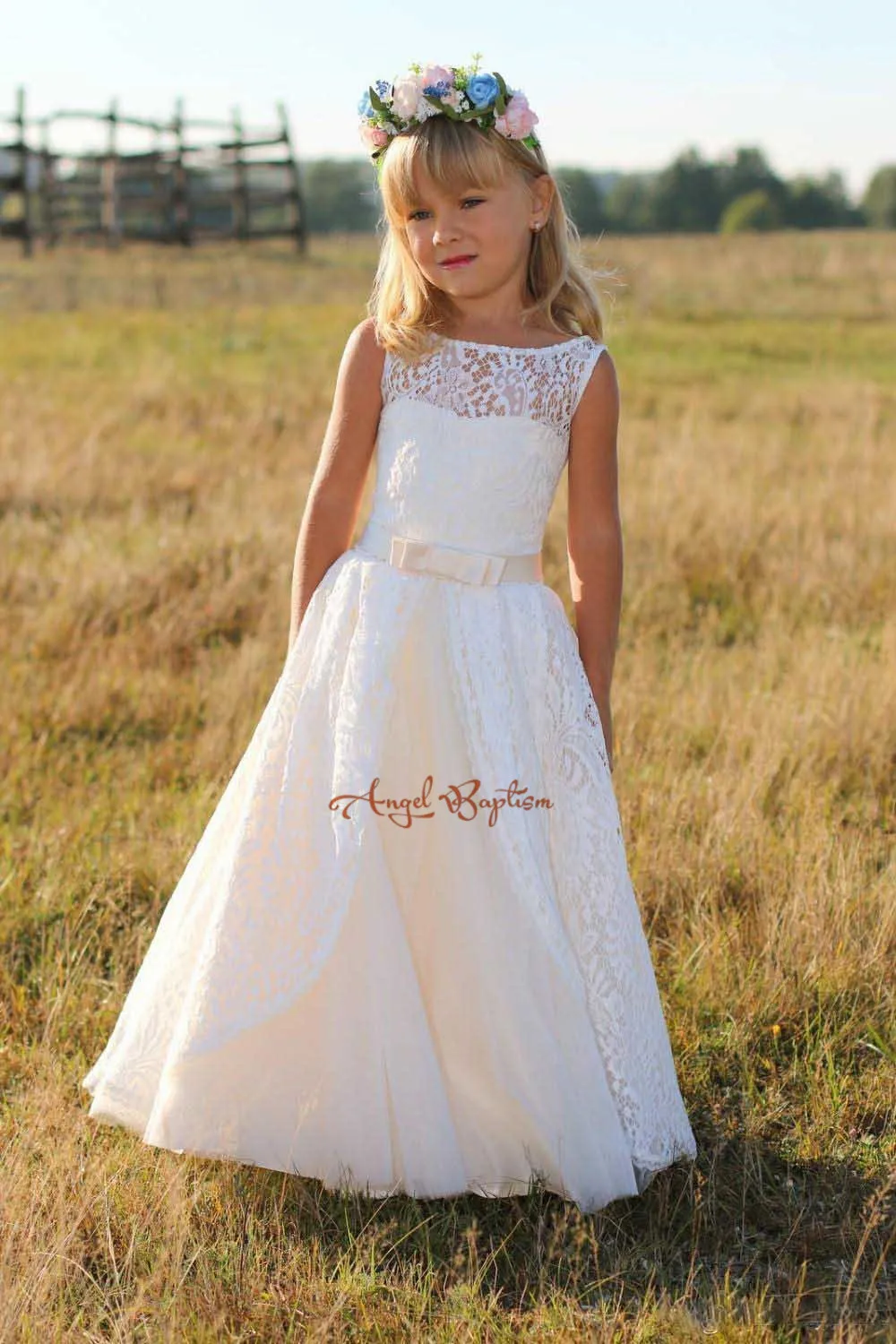 White/Ivory sheer Lace Flower Girl Dress for country wedding Floor Length junior bridesmaid first communion outfit | Детская одежда и