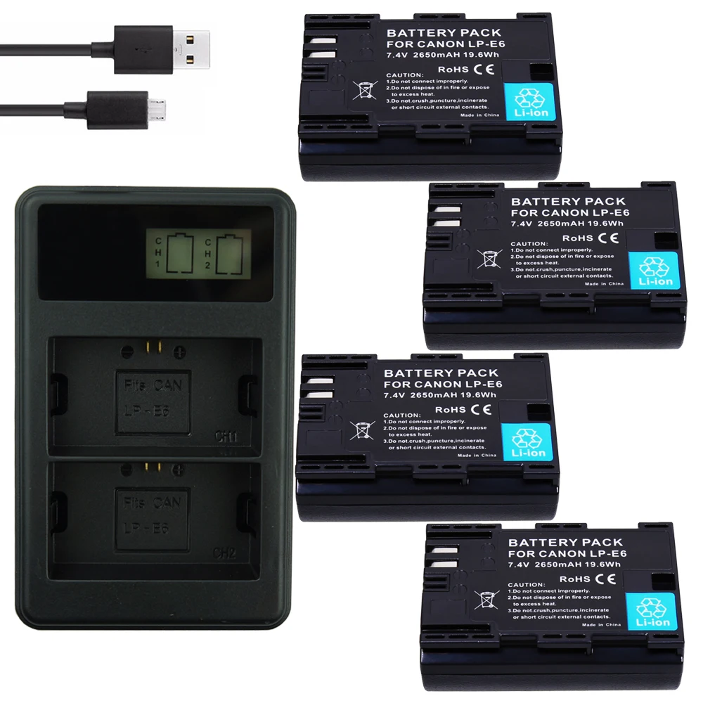 4 шт. LPE6 LP E6 E6N аккумулятор + двойное зарядное устройство USB для Canon EOS 60D 70D 5D Mark II III IV