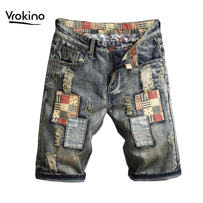 Шорты мужские джинсовые в стиле ретро модные штаны с нашивками эластичные прямые