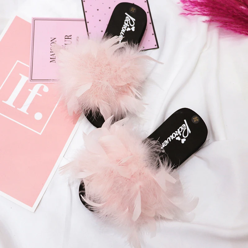 100% тапочки с перьями страуса пушистые летние повседневные Модные женские для