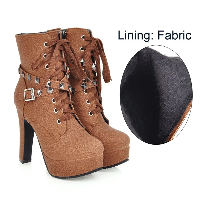 Brown Fabric Зимние женские ботильоны на платформе Спайк на не сужающемся книзу высоком массивном каблуке круглый носок искусственная кожа Панк Motercycle на молнии с пряжкой и заклепками полусапожки - Цвет: Brown Fabric