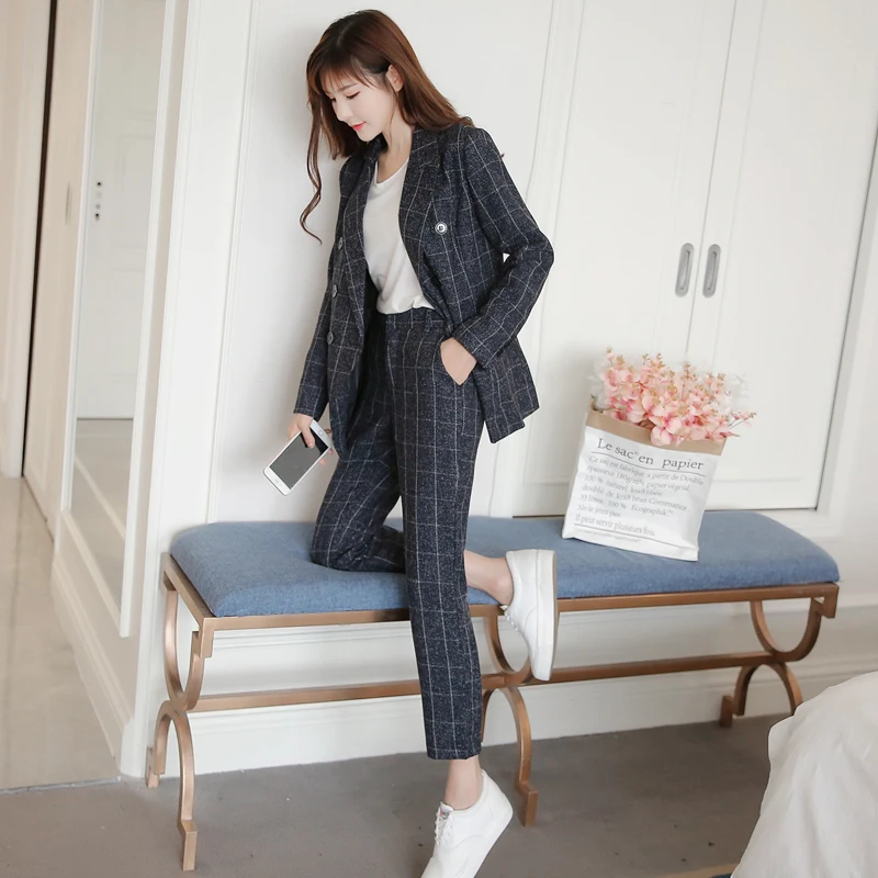 Женские Брючные костюмы для работы комплект из 2 предметов Блейзер пальто и брюки