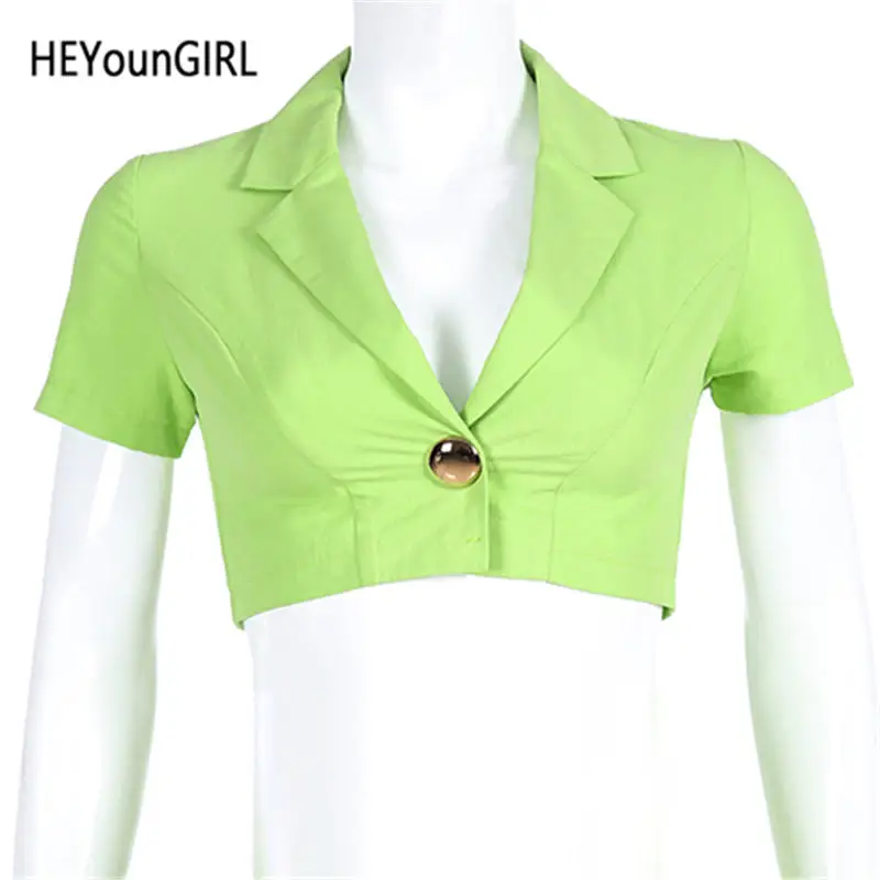 Only Jacket HEYounGIRL короткий рукав неоновый зеленый Блейзер Женский глубокий v-образный вырез сексуальный укороченный женский пиджак и блейзеры Хлопок Уличная Лето - Цвет: Only Jacket
