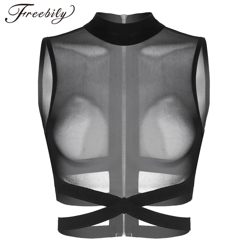 Топ женский сетчатый на молнии пикантная Клубная одежда без рукавов с круглым