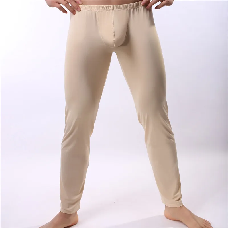 Men Long Johns Sexy Ice Silky U Convex Mens Under Pants Bottoms Pajama Middle Waist Tight Legging Pouch Warm Long Johns