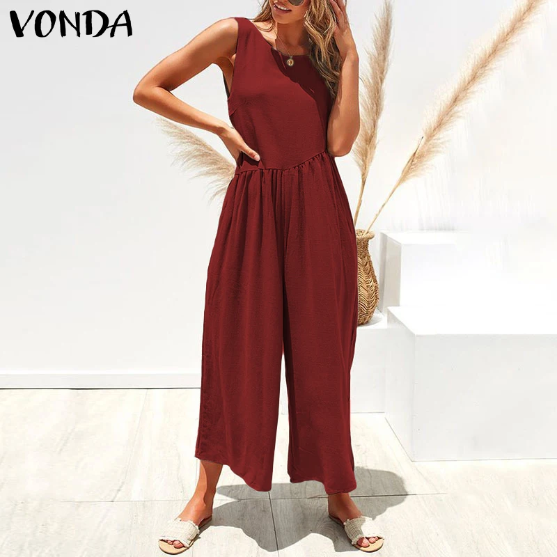 Женские комбинезоны VONDA, летние сексуальные однотонные Свободные Комбинезоны без рукавов, повседневные широкие длинные штаны, брюки