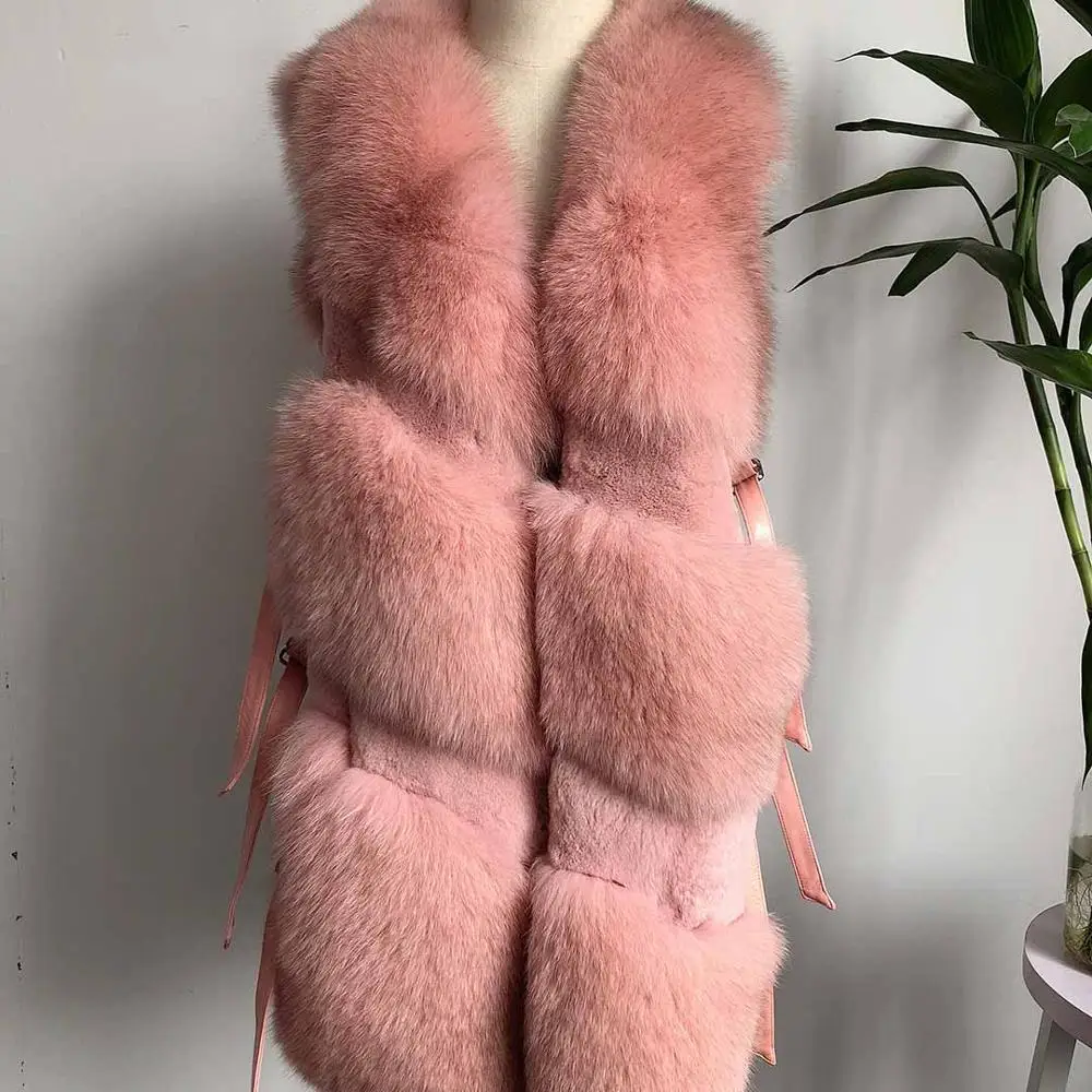 Pink Модный Мех животных жилет для женщин натуральным лисьим короткие женский жилет куртка уличная - Цвет: Pink