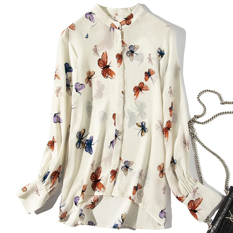 Рубашка с бабочкой, весна-лето, высокое качество, шелковая женская рубашка, Асимметричный Стиль, длинный рукав, повседневная, размера плюс, женская блузка