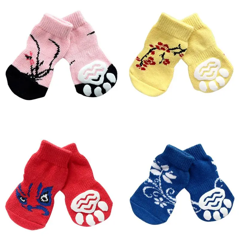 4 шт. мягкие хлопковые носки для собак Нескользящие резиновые сапоги в полоску