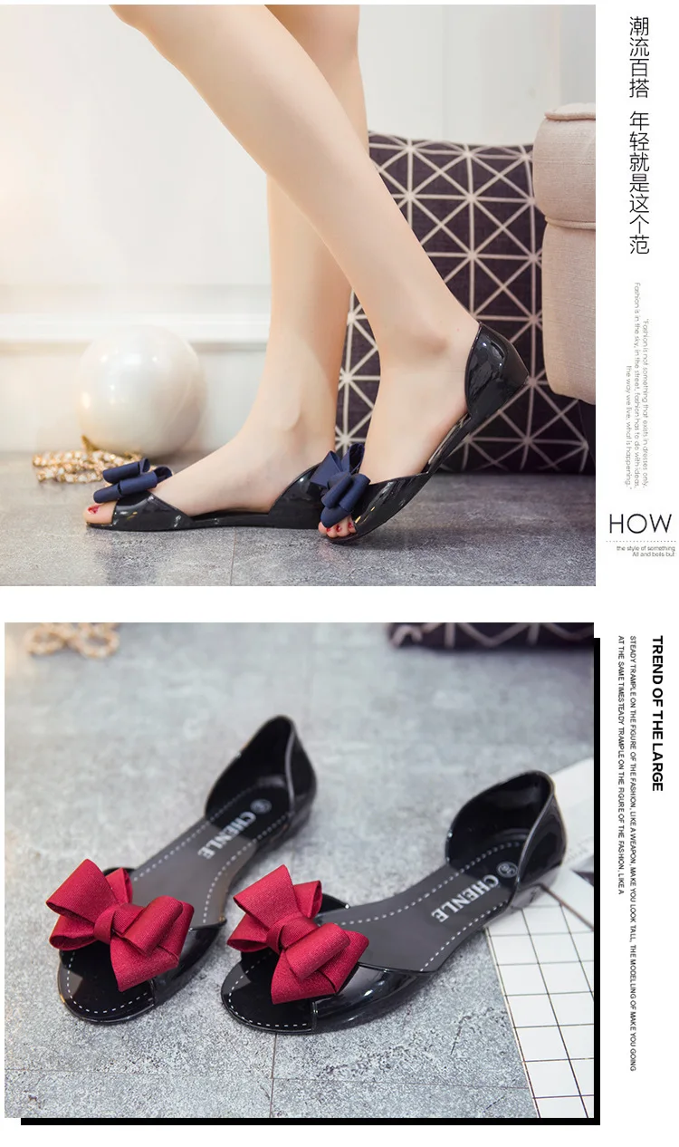 ZHENZHOU Sandals female flat bottom wild jelly shoes soft bottom plastic bow fish mouth shoes Korean women's shoes new
