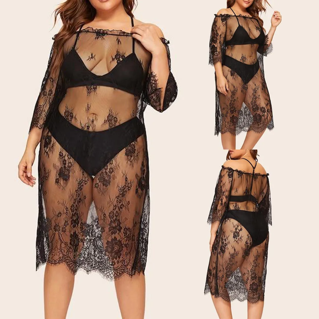 KANCOOLD Clothes Women Plus Size 5XL Print Lace Hollow Out Mesh Beach Dress Half Sleeve Long Coat Swimsuit Cover Ups Top Black