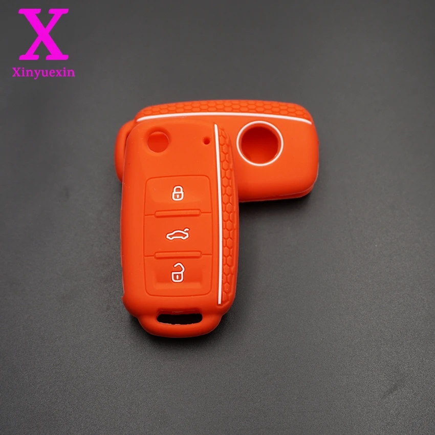 Red Xinyuexin автомобильный чехол для ключей, брелок для VW Bora POLO GOLF Passat, силиконовый чехол для ключей, 3 кнопки дистанционного управления, автомобильный стиль - Название цвета: Red