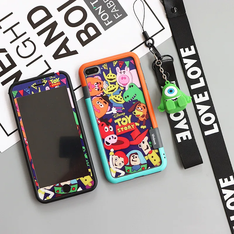 Фиолетовый Для iPhone XS max XR X бампер+ История игрушек Монстры закаленное стекло экрана пленка(F& B) для iPhone 8 8plus 7 7P 6 6SP+ игрушка+ ремешок - Цвет: Фиолетовый