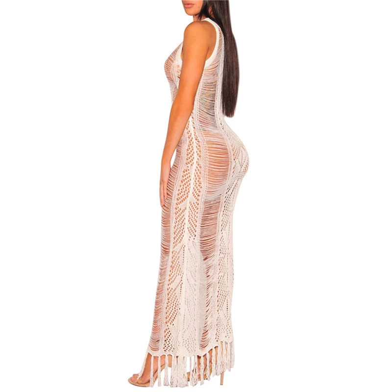 Просвечивающий сексуальный вязаный купальник с кисточками вязаная крючком