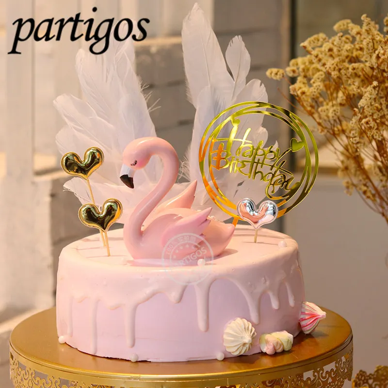 1pcs pink flamingo cake topper Happy Birthday Cake Decoration Flamingo Party Decor wedding deco BabyShower summer party supplies