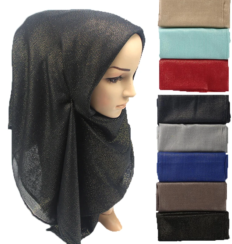 Новые блестящие золотые нити, мерцающий женский Hijab шарф Мусульманский платок-хиджаб, головной убор, сплошной цвет, 10 шт./лот, большой размер 95*195 см