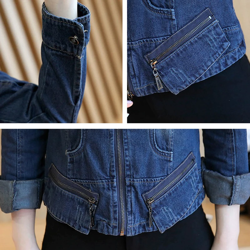 

Short Denim Jacket Women spring autumn Casual Fashion solid Long Sleeve Zipper Coat Slim clothing Female Outwear Plus size 3XL