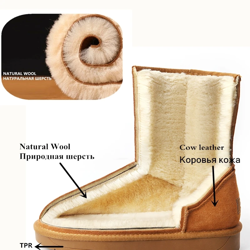 Зимние сапоги из натуральной кожи; сапоги из натуральной шерсти; короткие сапоги из коровьей замши с овечьим мехом; теплая женская обувь