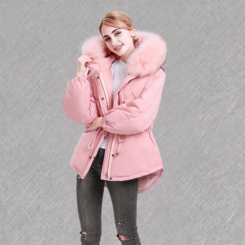 Зимняя женская куртка 2018 большой натуральный мех енота воротник 90% белый утиный