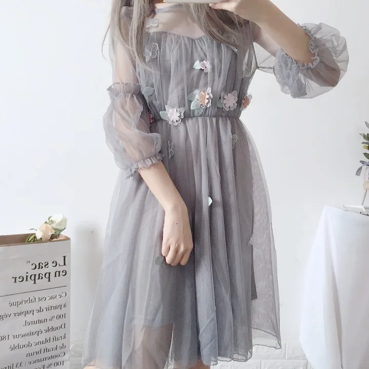 Adomoe женское летнее милое японское кружевное платье Kawaii с цветочным принтом в винтажном стиле, мягкое платье для молодых девушек Vestidos, комплект из двух предметов