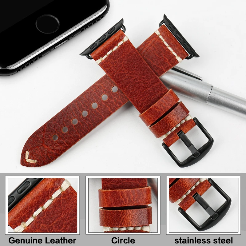 MAIKES Vintage Oil Wax Leather Watchband For Apple Watch Strap 49mm 45mm 44mm 40mm 42mm 38mm iWatch SE Series 8 7 6 5 4 3 2 1