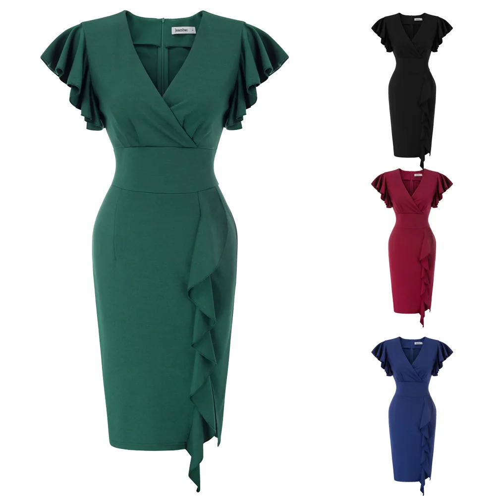 Женское платье с рюшами и v-образным вырезом элегантное сексуальное офисное для