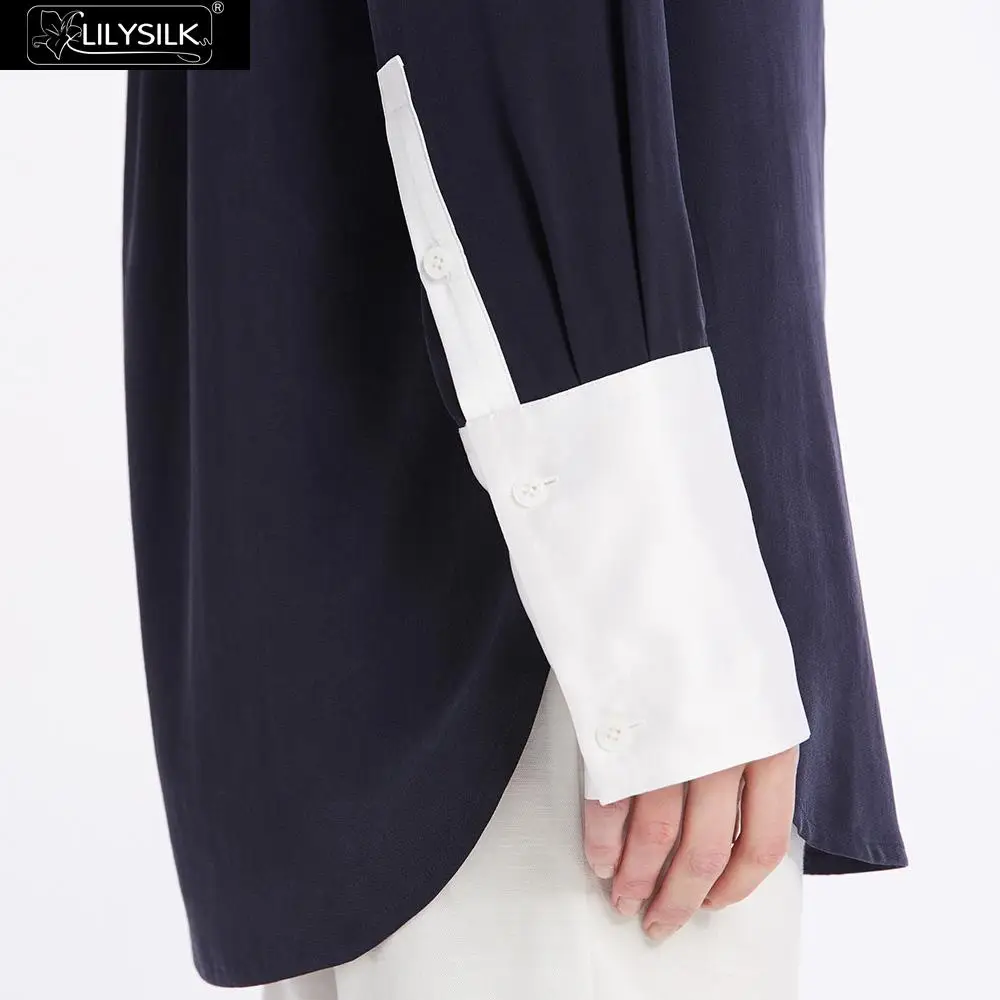 LILYSILK 23mm Pull Over Color Block Silk Shirts 100% Charmeuse On Collar& Cuff Sand Washed NEWS Free Shipping|silk shirt|shirt silkshirt shirt |